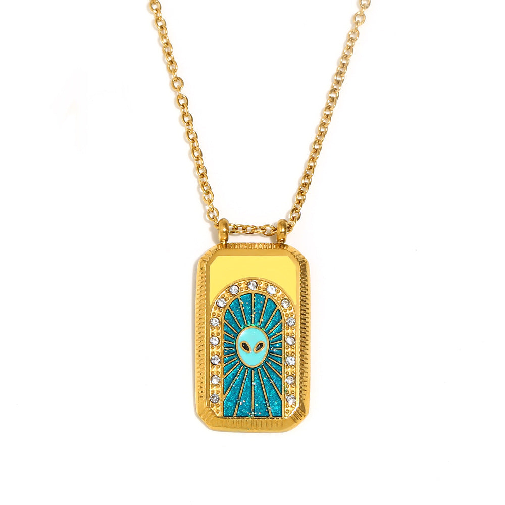 Ins Fashion Niche Geometric Square Retro Pendant Stainless Steel Plated 18K Gold Drop Oil Tarot Necklace Female