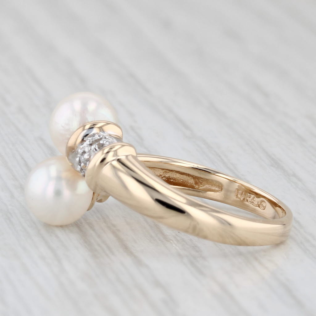Cultured Pearl Diamond Bypass Ring 14k Yellow Gold Size 7