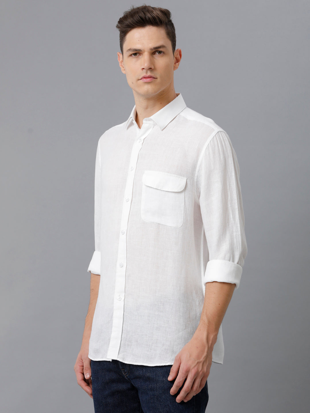 Mens Regular Fit Solid White Casual Linen Shirt (LINNO)