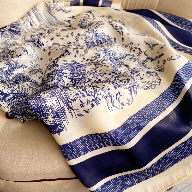 Women's Elegant Color Block Plant Satin Silk Scarf