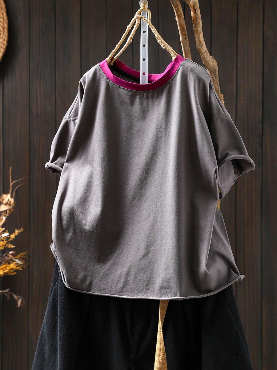 Women Summer Casual Cotton O-Neck Colorblock Shirt
