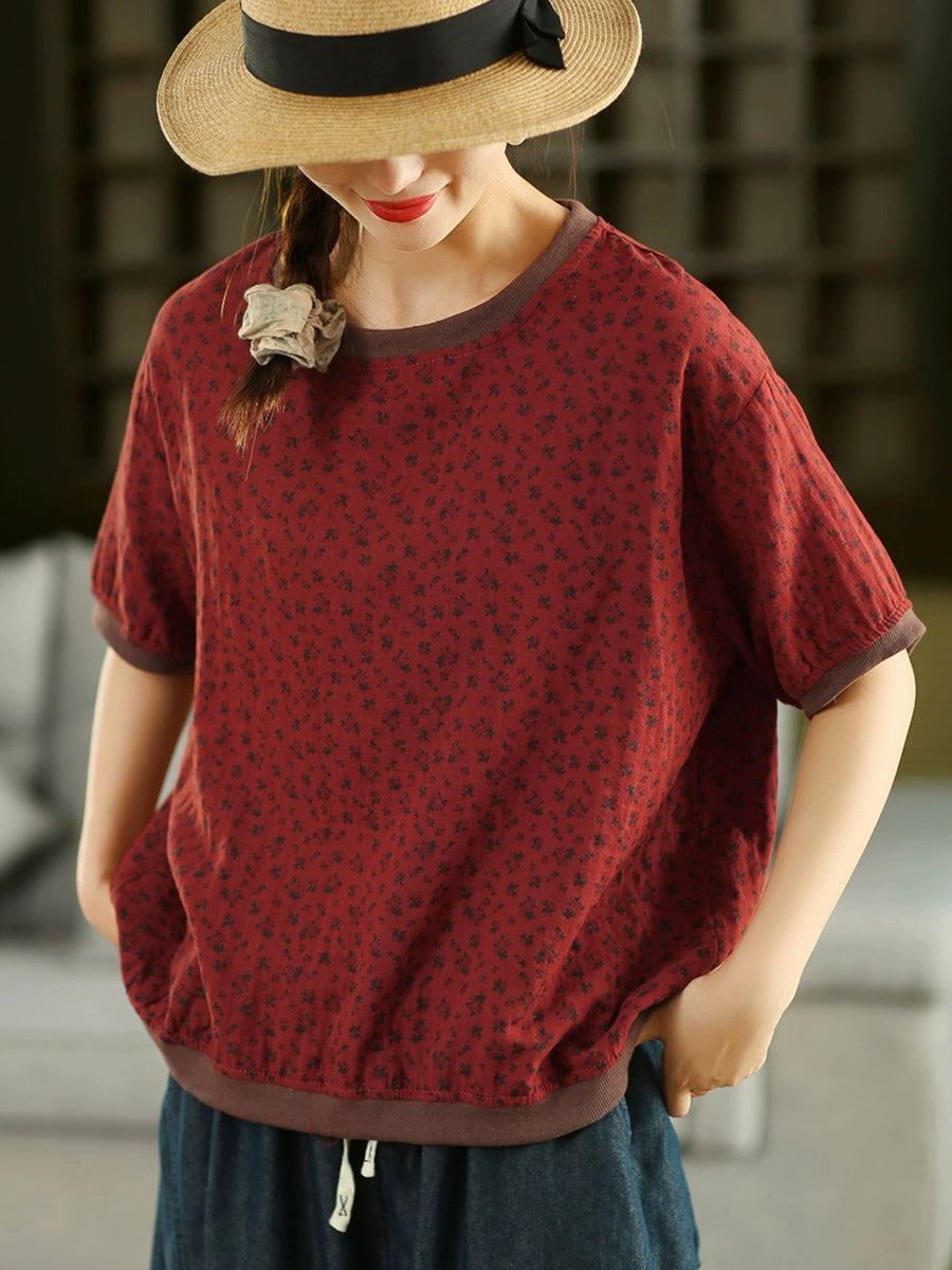 Women Summer Artsy Floral Linen Cotton O-Neck Shirt