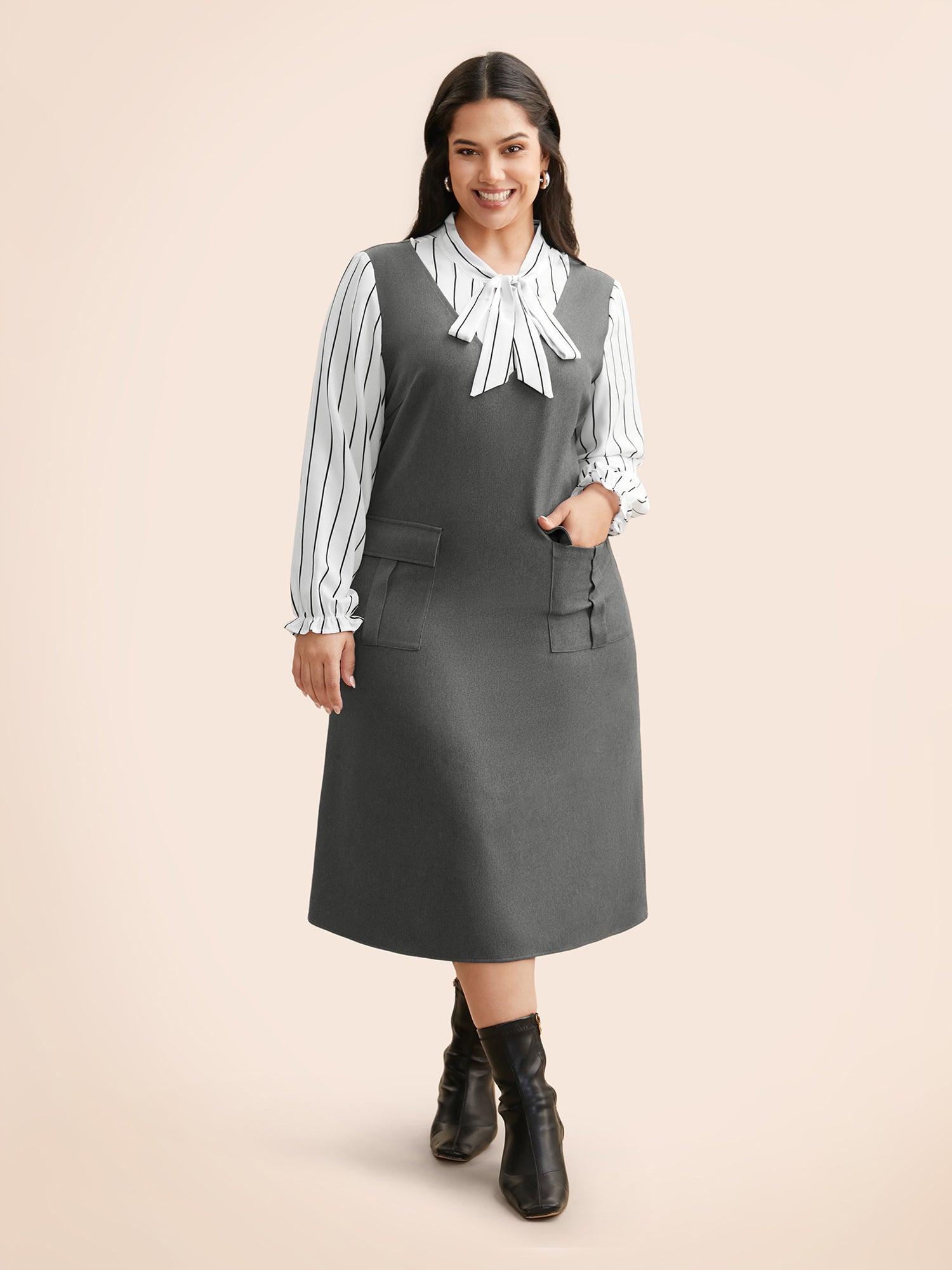 Striped Patchwork Ribbon Tied Collar Dress