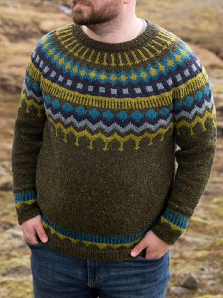 Vintage Marshland Knit Jacquard Icelandic Crew Neck SweaterUnisex