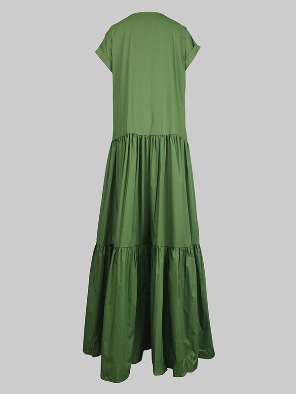 Loose Short Sleeves Pleated Pockets Solid Color Split-Joint V-Neck Maxi Dresses
