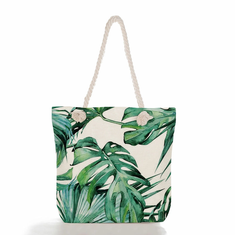Green Leaf Printed Cotton Rope Bag Large Capacity Shoulder Bag Student Book Tote Bag Printable Logo