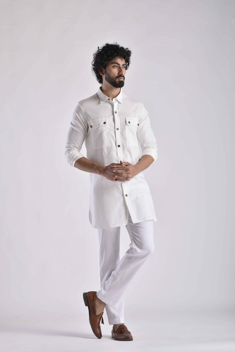 White Pashtooni Kurta Pant Set