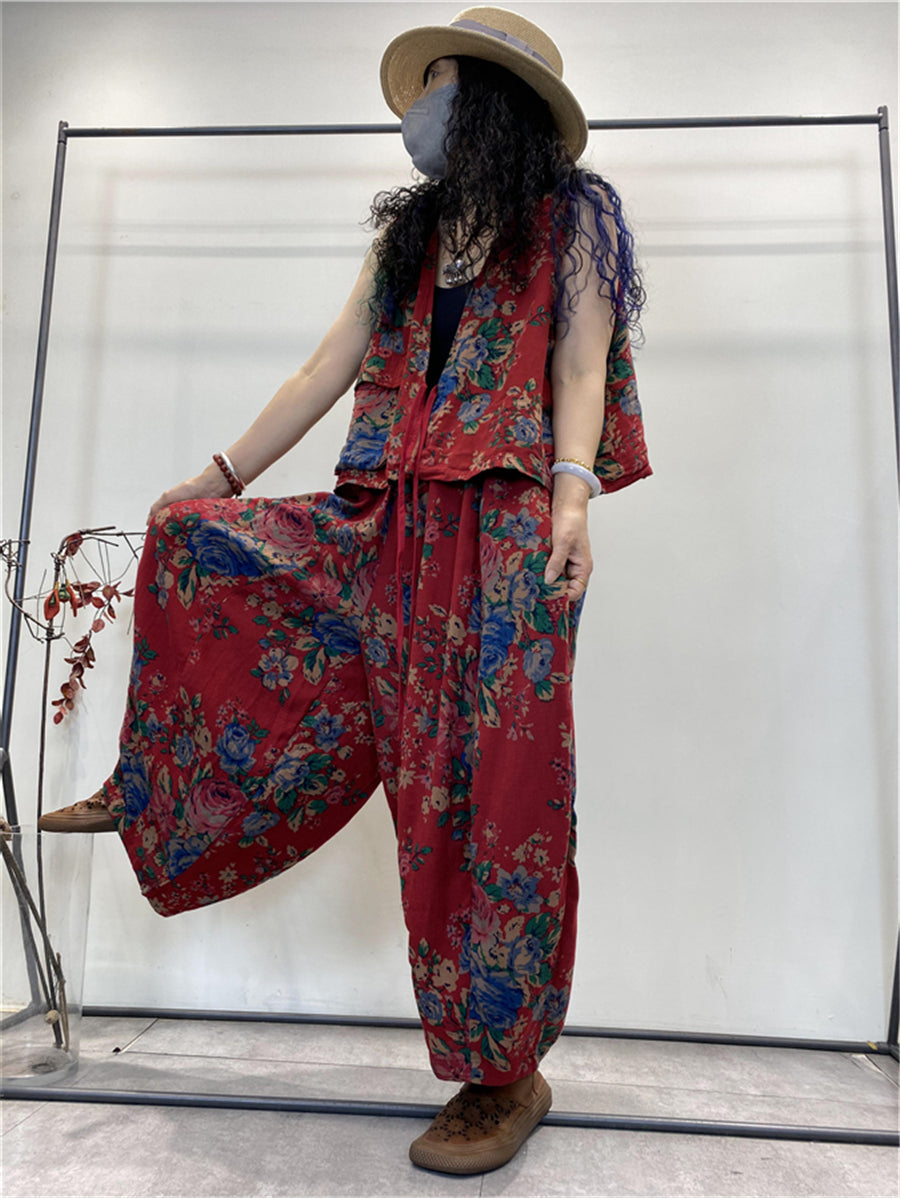 Plus Size Women Summer Vintage Floral Pocket Pants