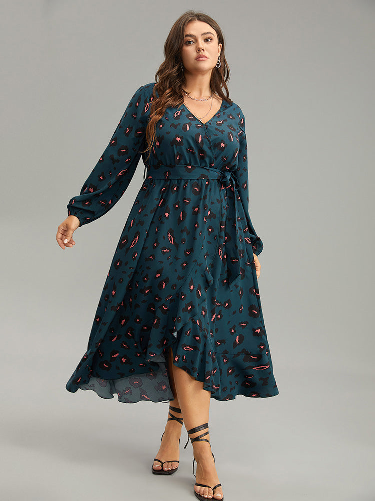 Allover Print Surplice Neck Flutter Trim Dress