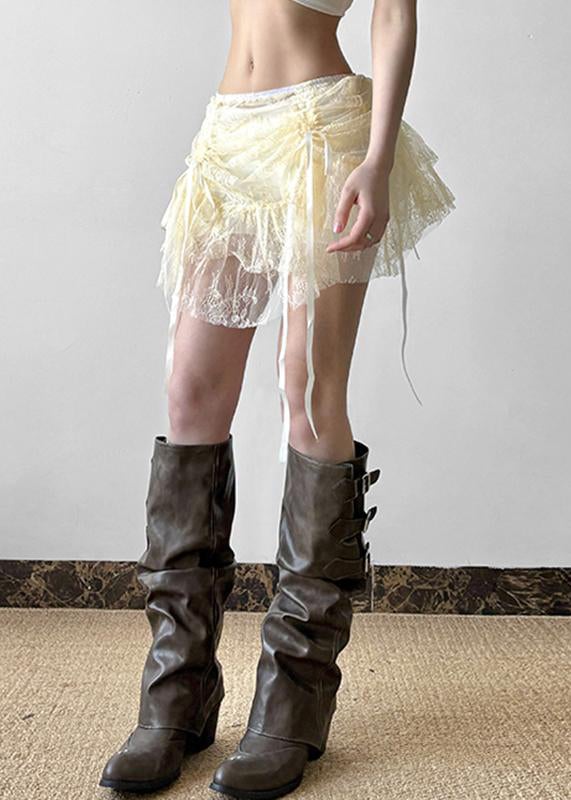 Art Beige Cinched High Waist Lace Skirts Summer