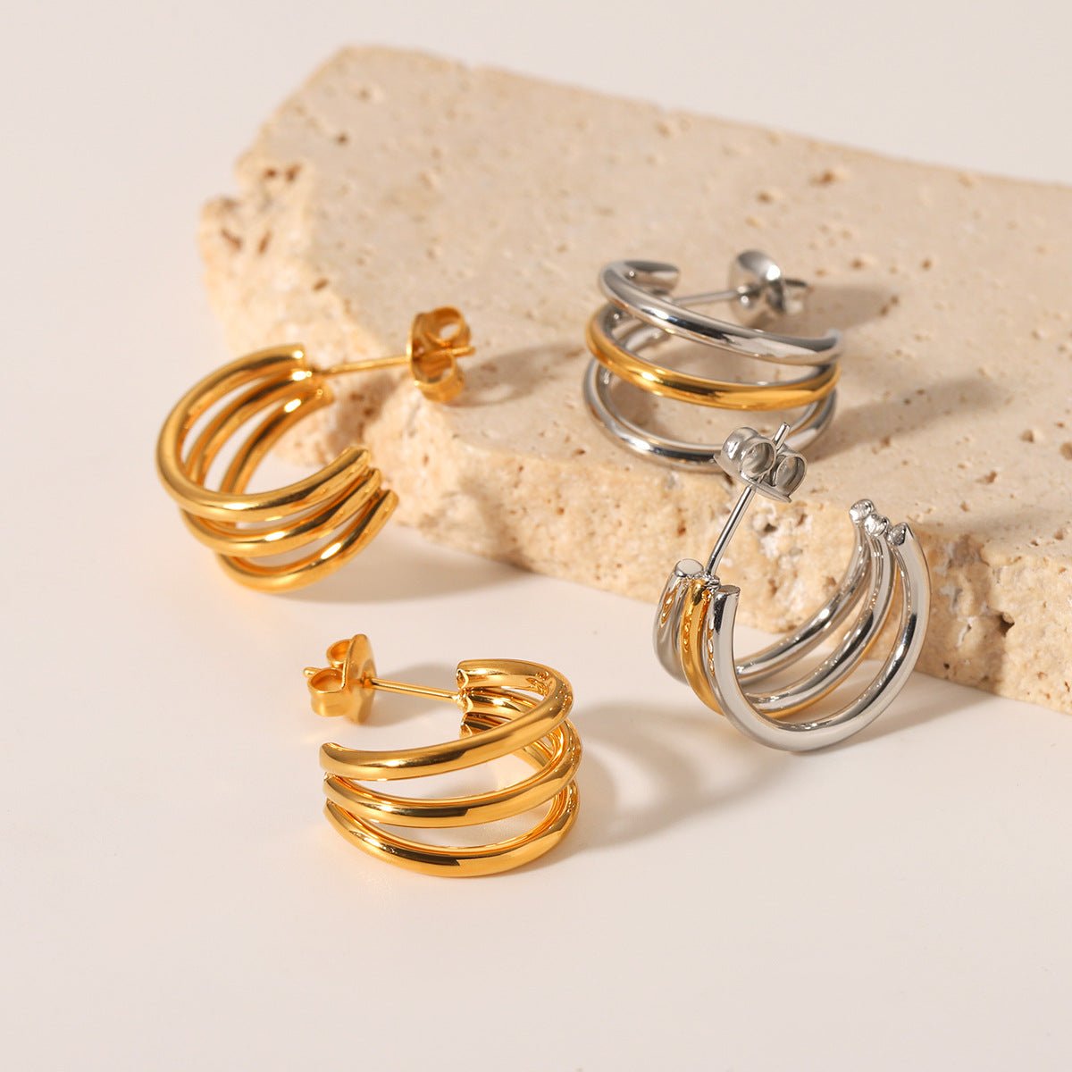 C-Shaped 18K Gold Stainless Steel Earrings Design Three-Layer Titanium Steel Earrings Female Earrings