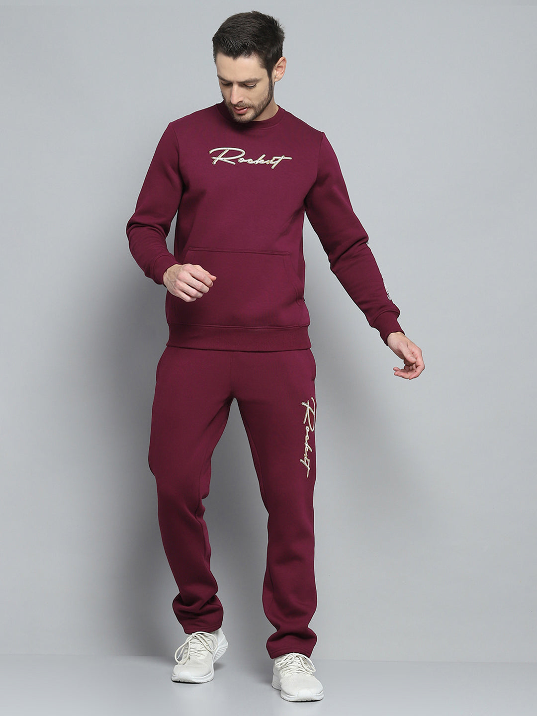 Men Maroon Printed Round Neck Full Sleeve Winter Tracksuit