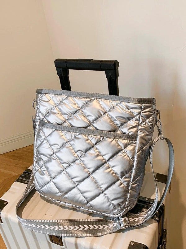 Women's Pu Leather Lingge Vintage Style Sewing Thread Bucket Zipper Shoulder Bag