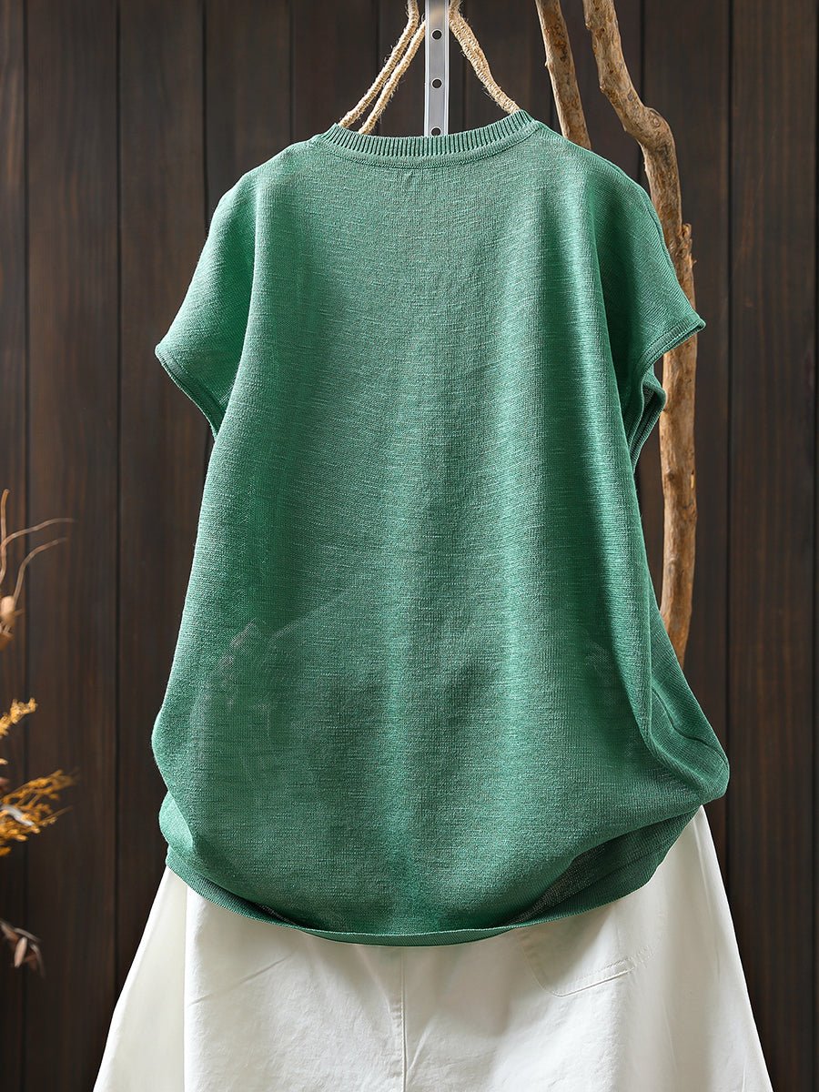 Women Summer Casual Pure Color Knitted V-Neck Shirt