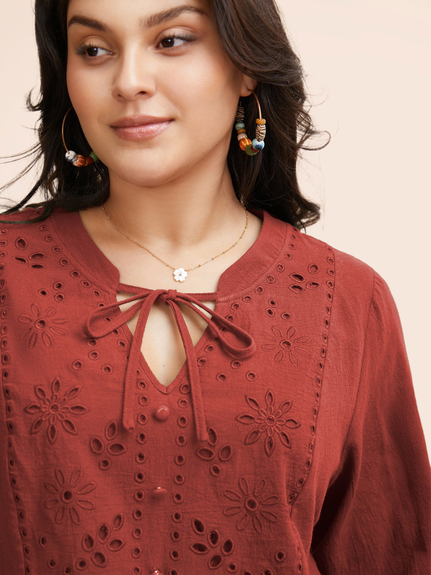 Broderie Anglaise Tie Knot Lantern Sleeve Blouse