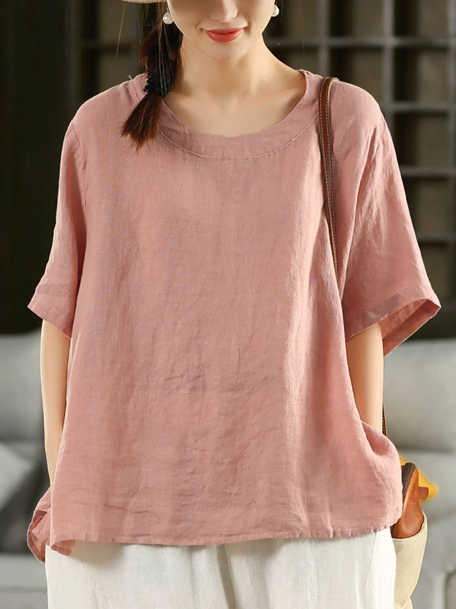 Women Summer Retro Pure Color O-Neck 100%Linen Shirt