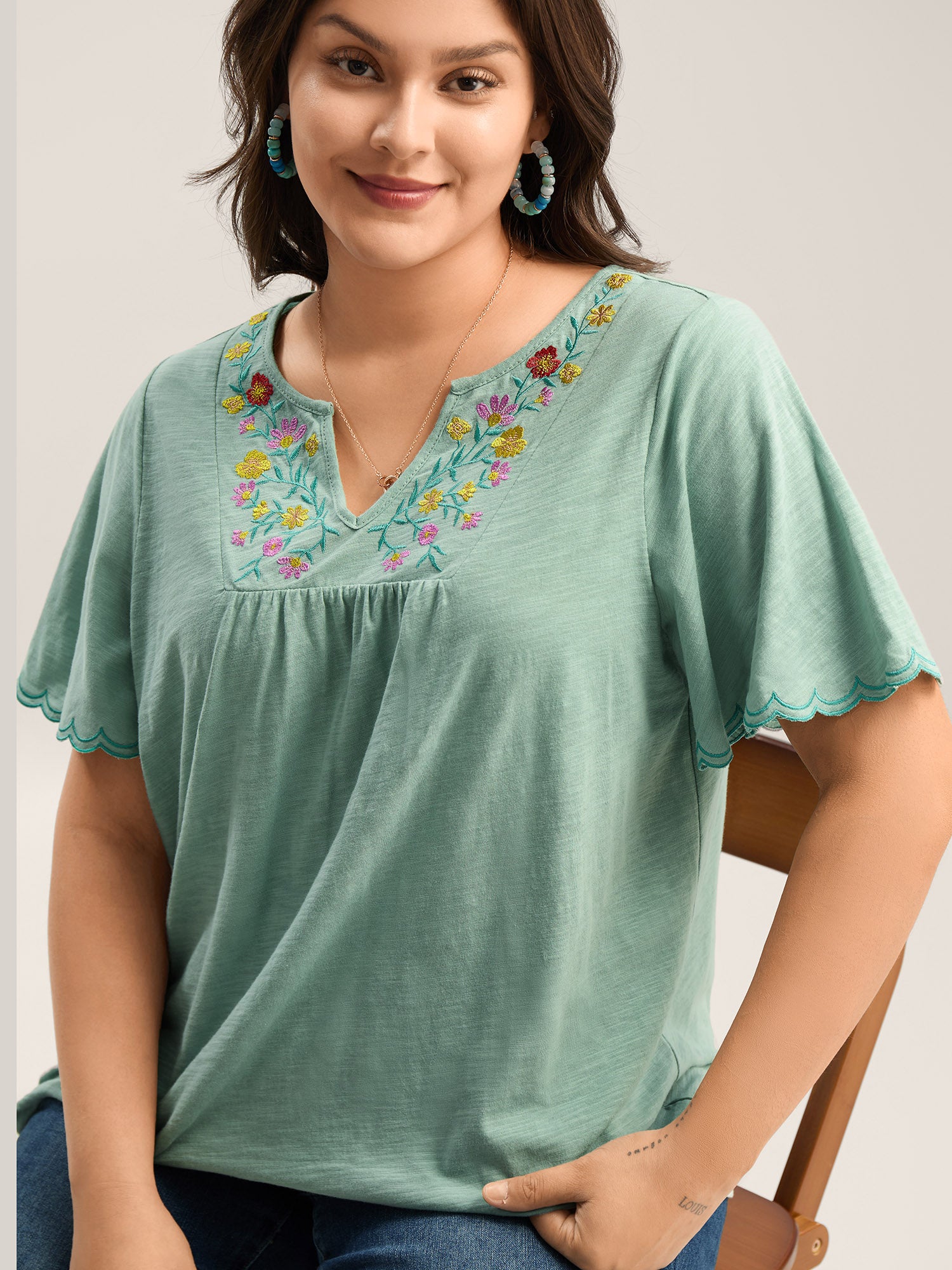 Pure Cotton Embroidered Pleated T-Shirt