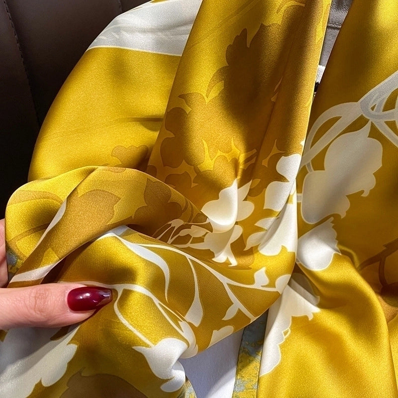 Spring And Summer New Floral Simulation Silk Satin 90cm Rolled Edge Square Scarf