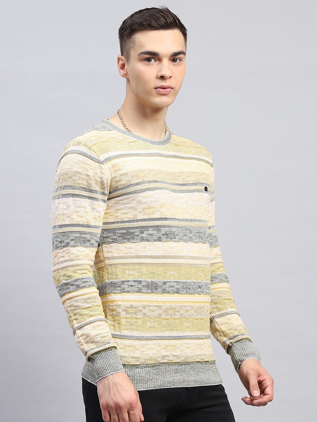 Men Green Stripe Round Neck Full Sleeve Pullover