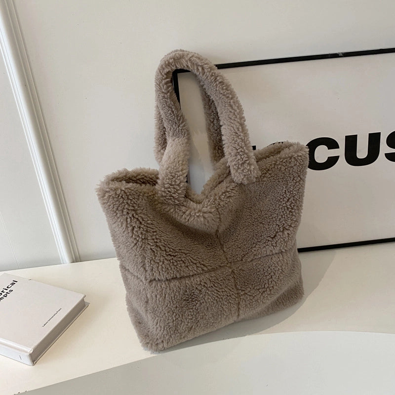 Women's Large Plush Solid Color Streetwear Bucket Magnetic Buckle Tote Bag
