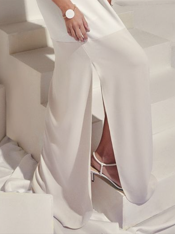 Loose Three-Quarter Sleeves Solid Color Split-Side Boat Neck Maxi Dresses