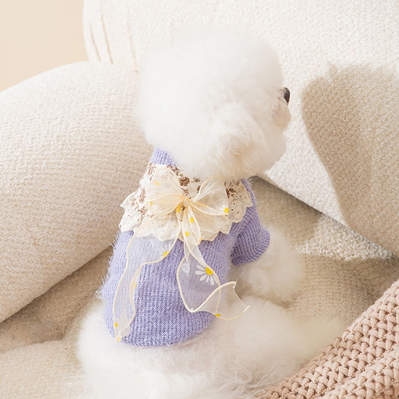 Daisy Printed Lace Bowknot Dog Cat Sweater