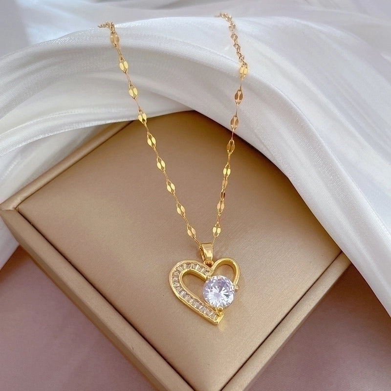 2 Pieces Minimalist Classic Style Geometric Heart Shape Titanium Steel Copper Zircon Pendant Necklace In Bulk