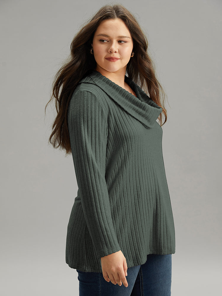 Plain Rib Knit Cowl Neck T-shirt