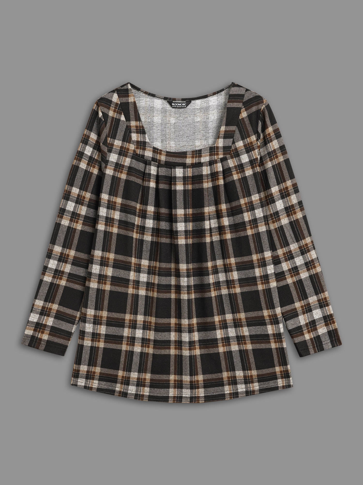 Plaid Pleated Square Neckline Knit Top