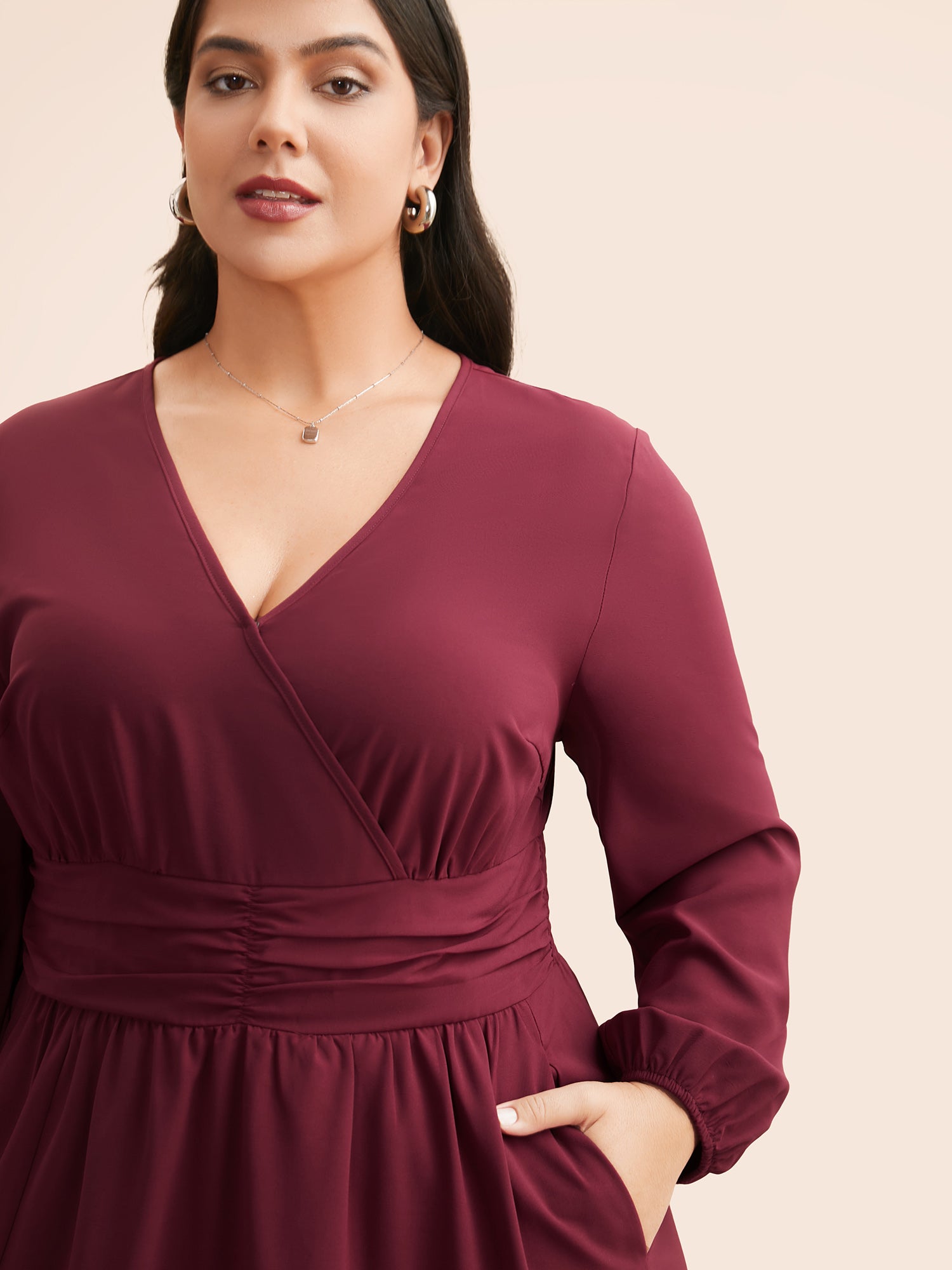 Overlap Collar Ruched Lantern Sleeve Maxi Dress