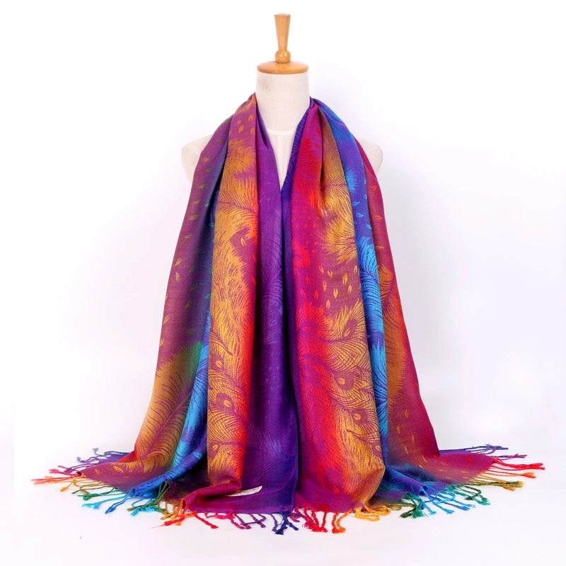 Ethnic Style Women's Vintage Jacquard Scarf Jacquard Cotton Feather Travel Spring And Autumn Long Shawl Warm Air Conditioning D01