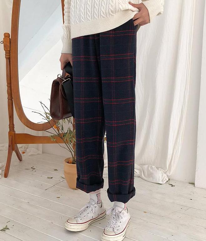 Straight Plaid Cotton Trousers