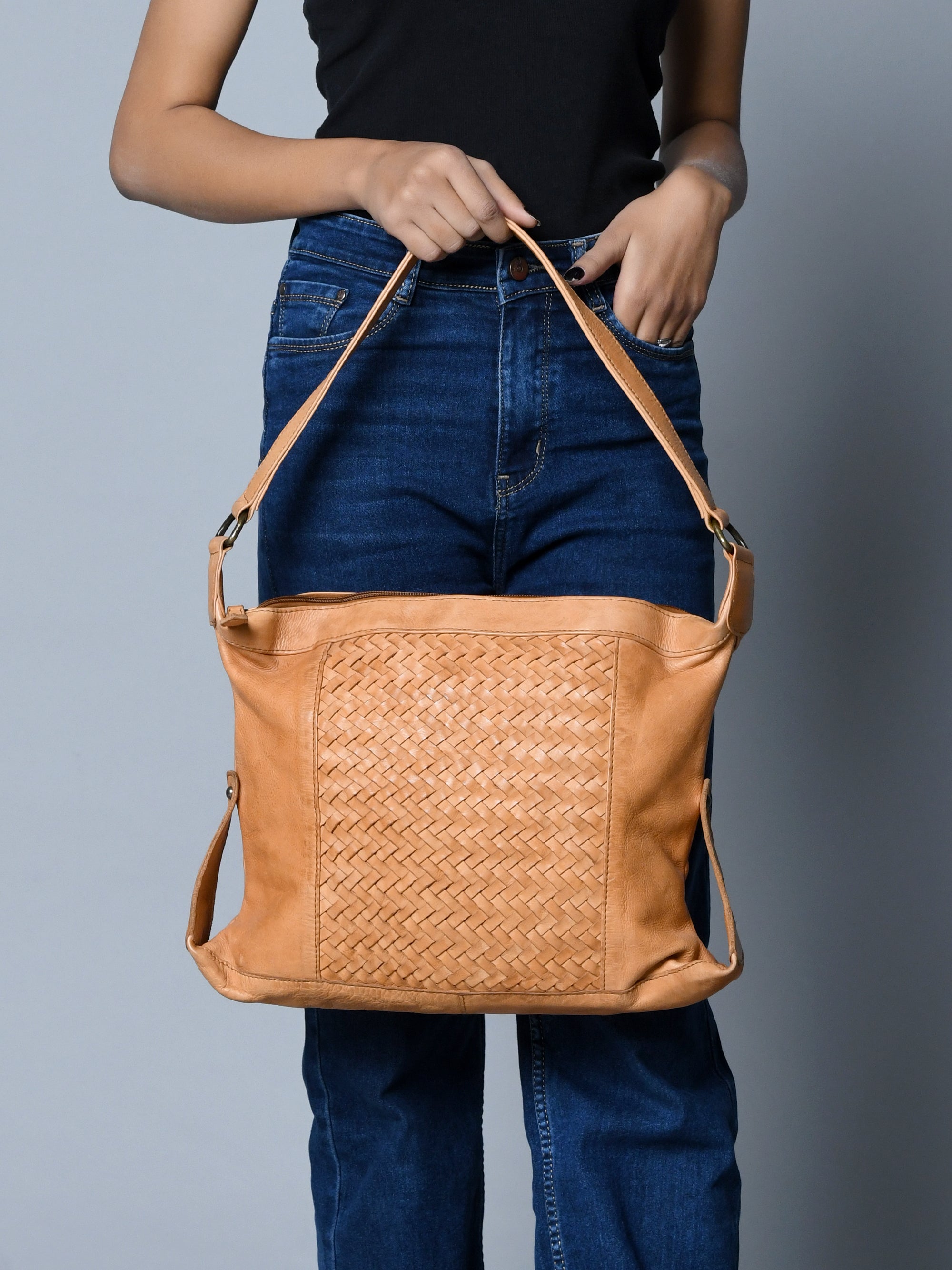 Textured Leather Shoulder Sling. Brown