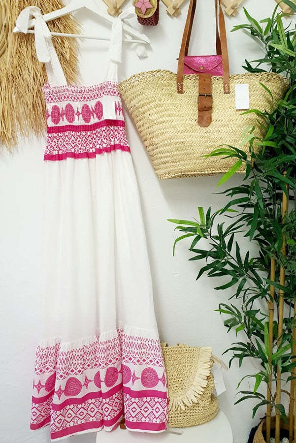 Printed Smocked Shoulder Tie Maxi Dress