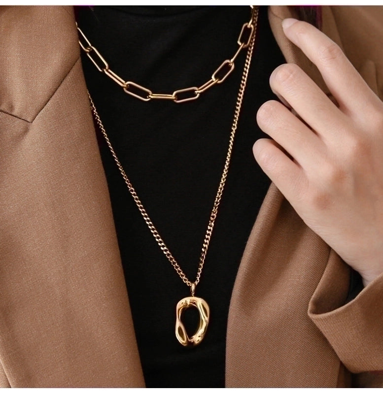 Minimalist Oval Solid Color Titanium Steel Plating Double Layer Necklaces 1 Piece