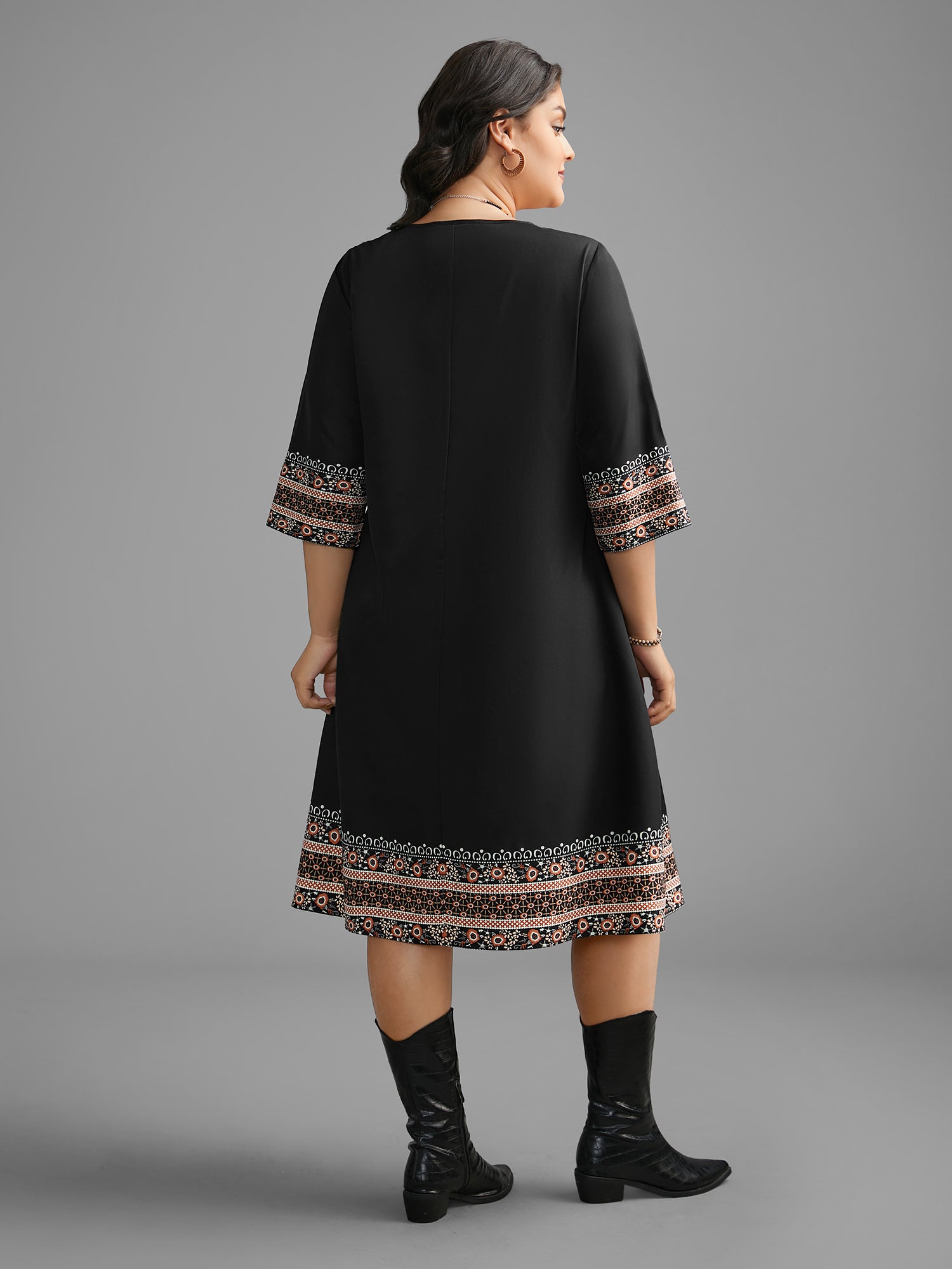 Notched Collar Boho Print Pocket Dress