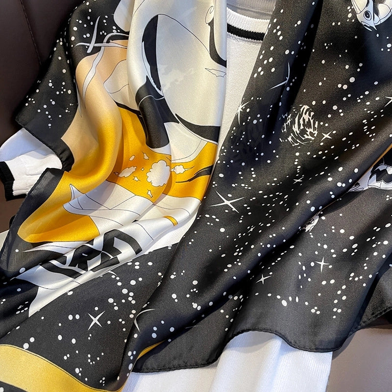 Pegasus Stars Print Simulation Silk Shawl 90cm Large Square Scarf