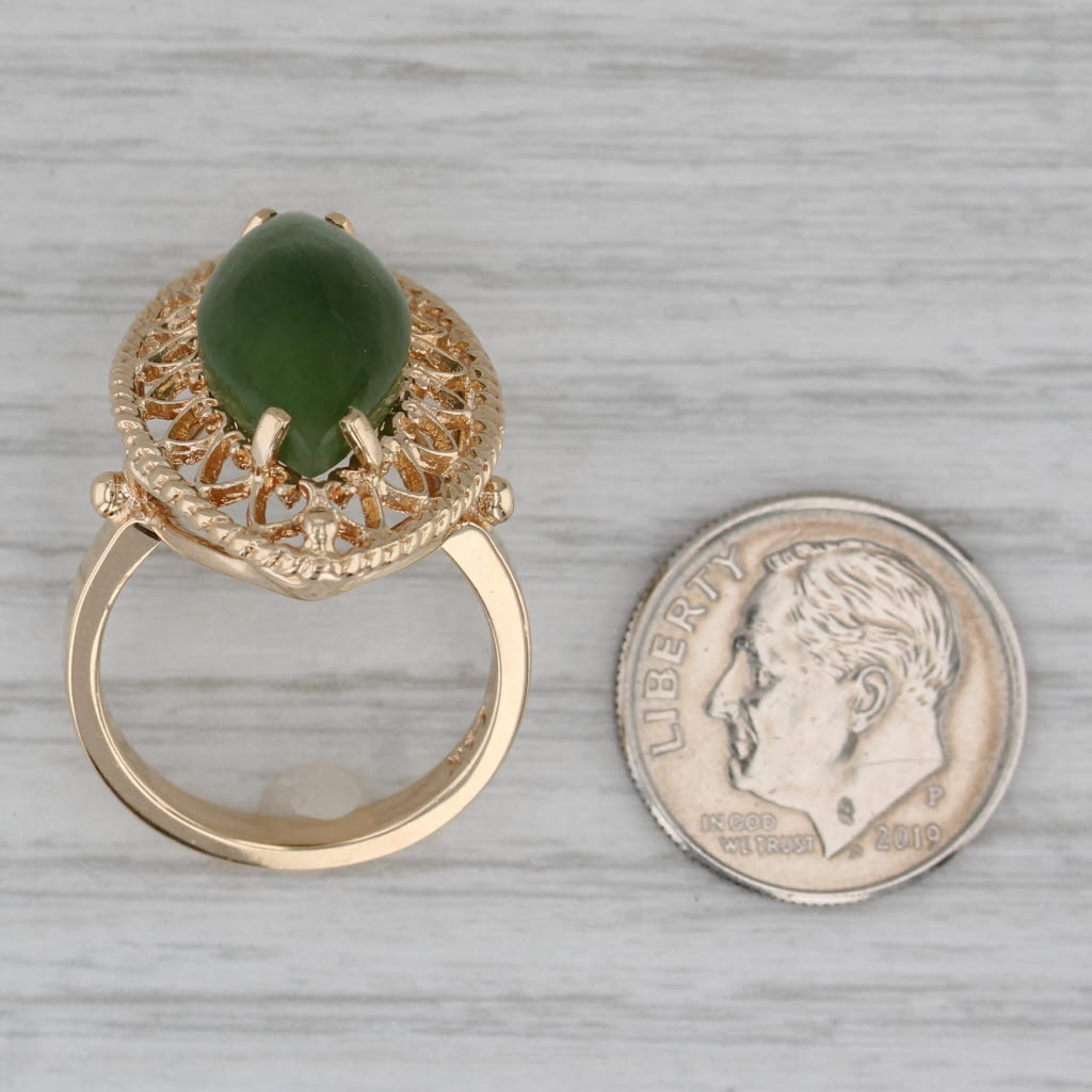 Green Nephrite Jade Navette Cabochon Ring 14k Yellow Gold Size 6.5