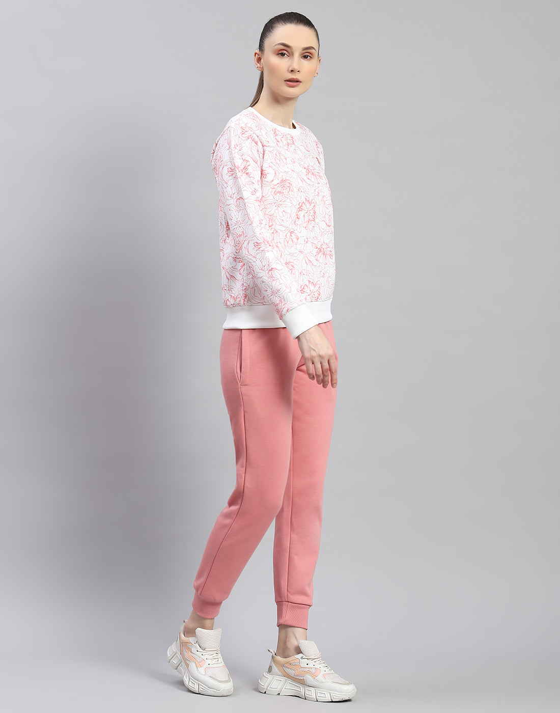 Women Pink Printed Round Neck Full Sleeve Tracksuit