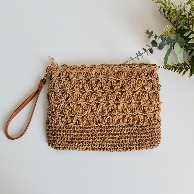 Women's Straw Solid Color Basic Square Zipper Clutch Bag Crossbody Bag Straw Bag