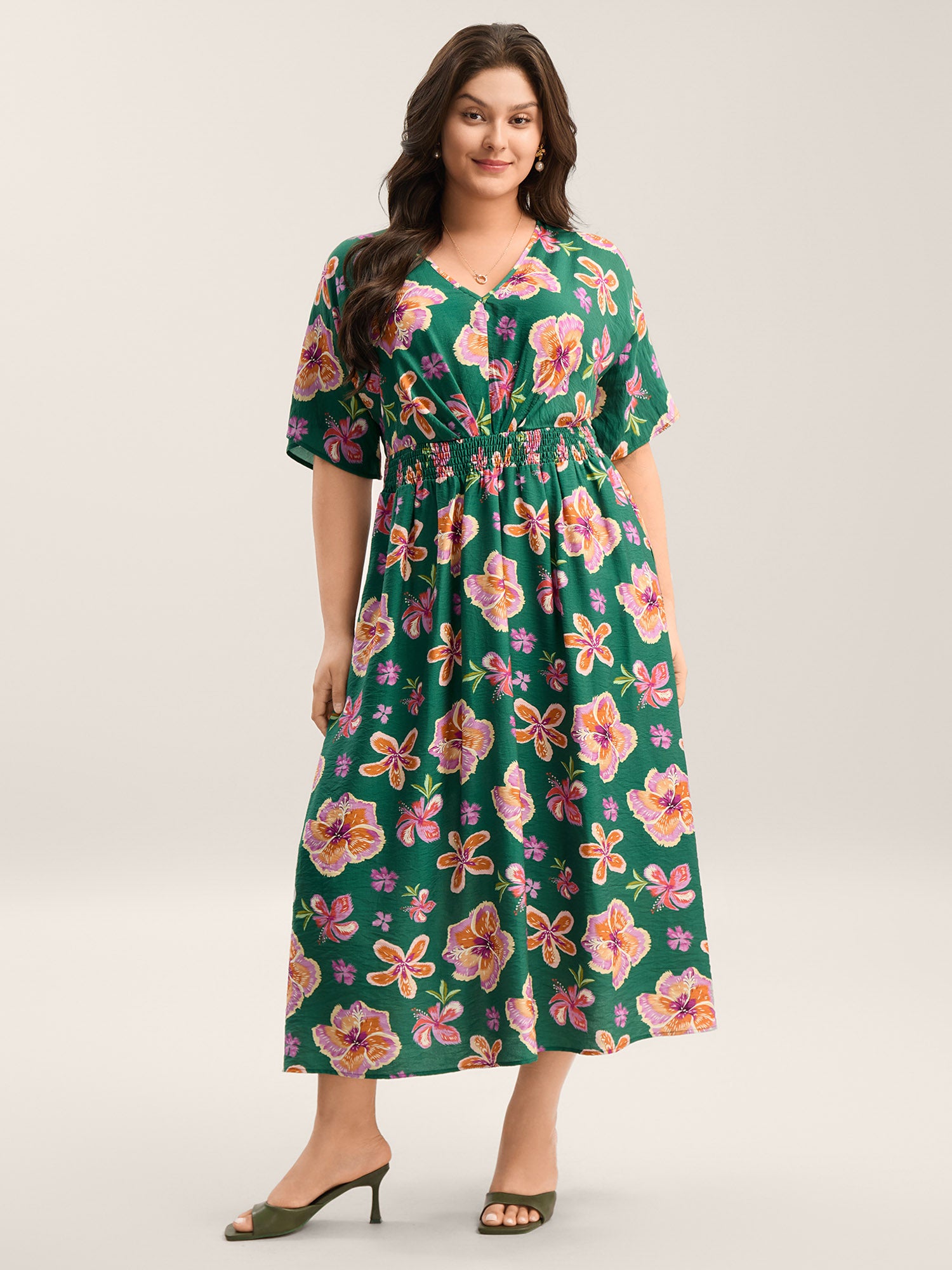 Large Floral Print Shirred Waist Midi Dress
