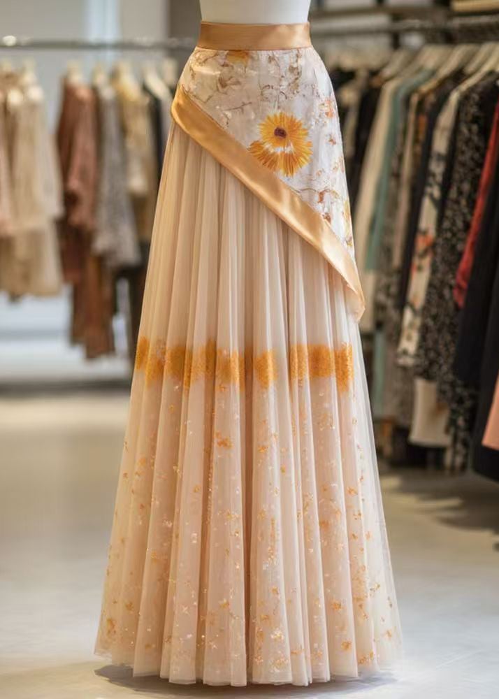 Classy Orange Print Wrinkled Patchwork False Two Pieces Tulle Skirt Summer