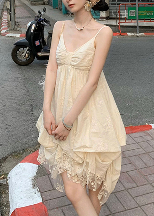 Elegant Beige V Neck Lace Cotton Mini Dresses Sleeveless