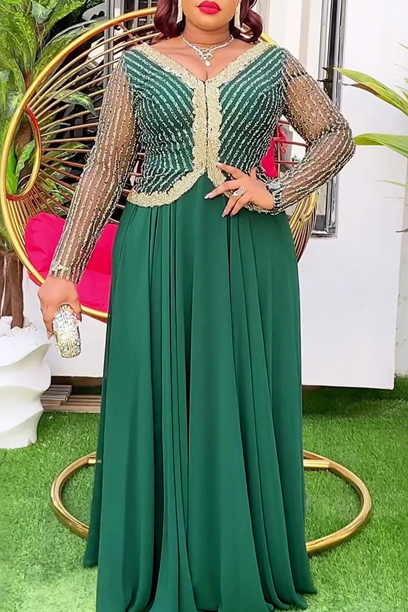 Elegant Patchwork Zipper V Neck Long Plus Size Dresses