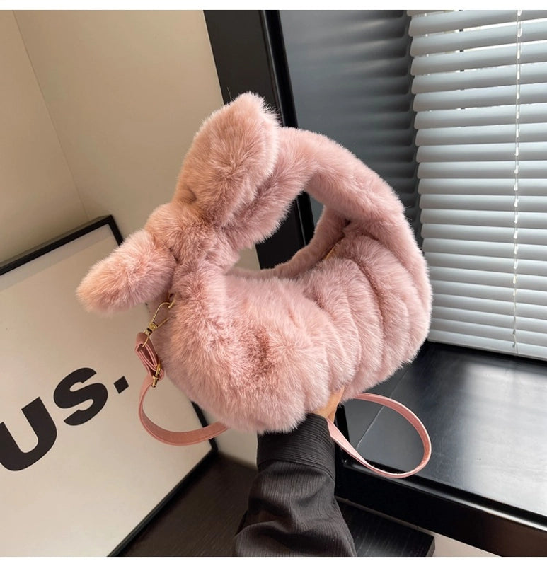 Women's Small Plush Solid Color Elegant Bucket Zipper Shoulder Bag Handbag Crossbody Bag