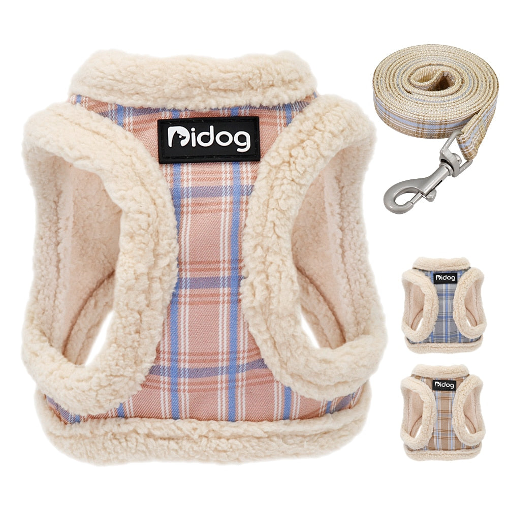 Plaid Furry Puppy Harness Leash Set