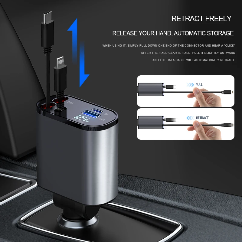 Universal Retractable cable 4 in 1 car charger station dock Support 120W type C charging USB for Smart Watch/Earphone