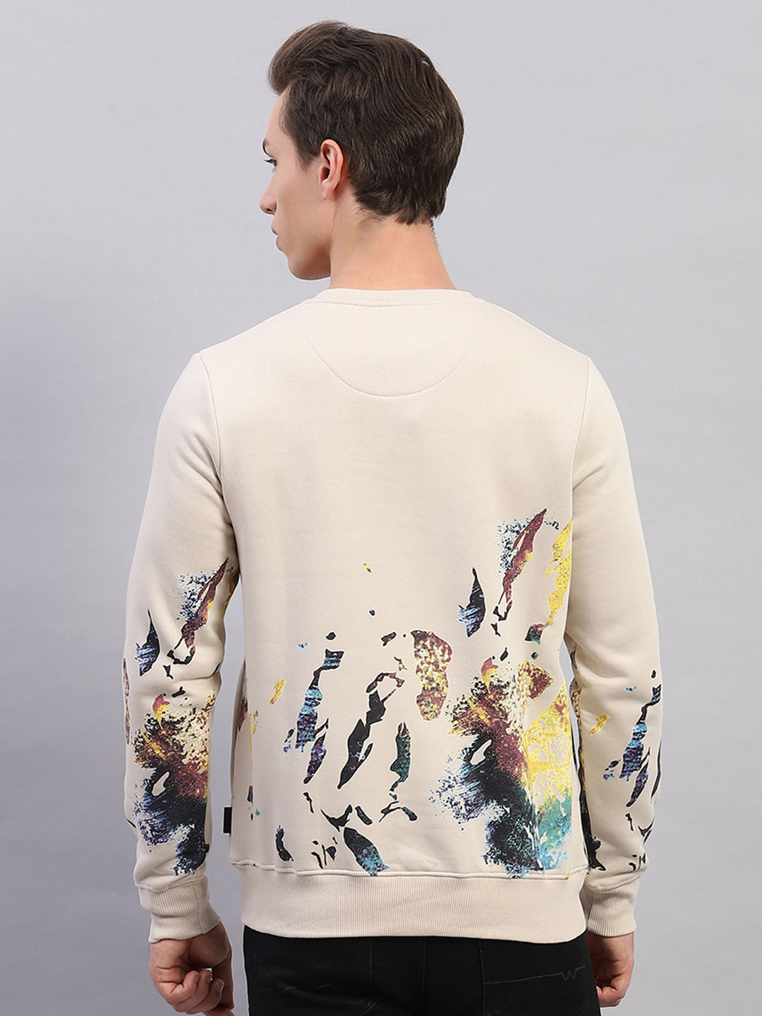 Men Beige Printed Round Neck Full Sleeve Sweatshirt