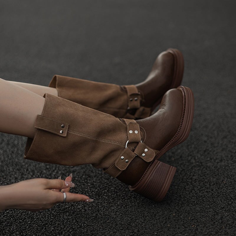 Women's Leather Western Boots Block Heel Mid Calf Boots for Autumn/Winter