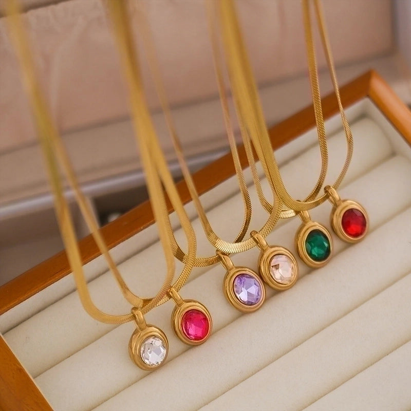 Stainless Steel 18K Gold Plated Lady Plating Inlay Oval Rhinestones Pendant Necklace